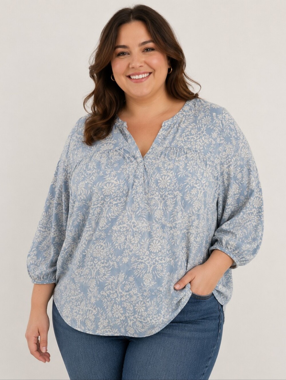 Blue And White Floral Long Sleeve Blouse